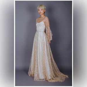 E&W Couture Champagne Evening Gown with Glittery Tulle Overlay